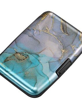 NWT Stylish Teal Marble Card Case Wallet - Blue & Gold